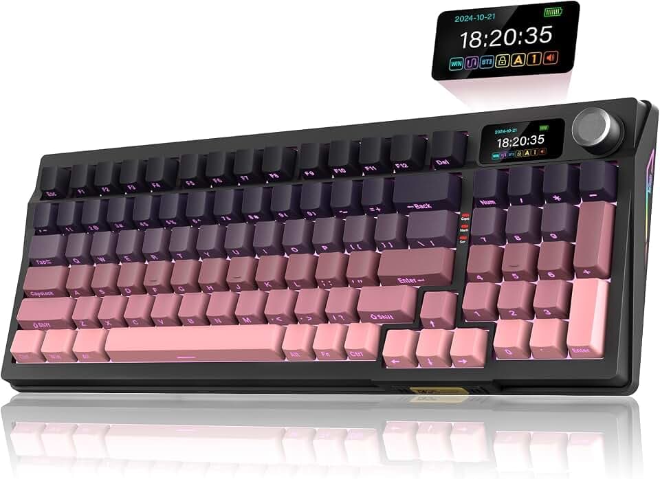 RedThunder K95 US-Layout kabellose mechanische Gaming-Tastatur, 1,88" Display & Drehknopf, 3-Modus, Hot-Swap, linearer Pink-Schalter, anpassbare RGB, Software, 8000 mAh, Farbverlauf Rosa