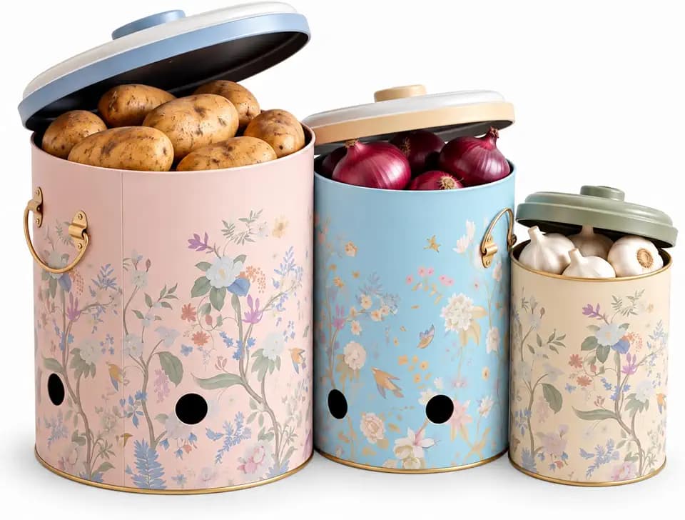 MARIA ROMA Metal Potato and Onion Storage Bin Set of 3 with Garlic Keeper - Vintage Metal Kitchen Canisters, Vegetable Storage Containers - Farmhouse Rustic Pantry Organization