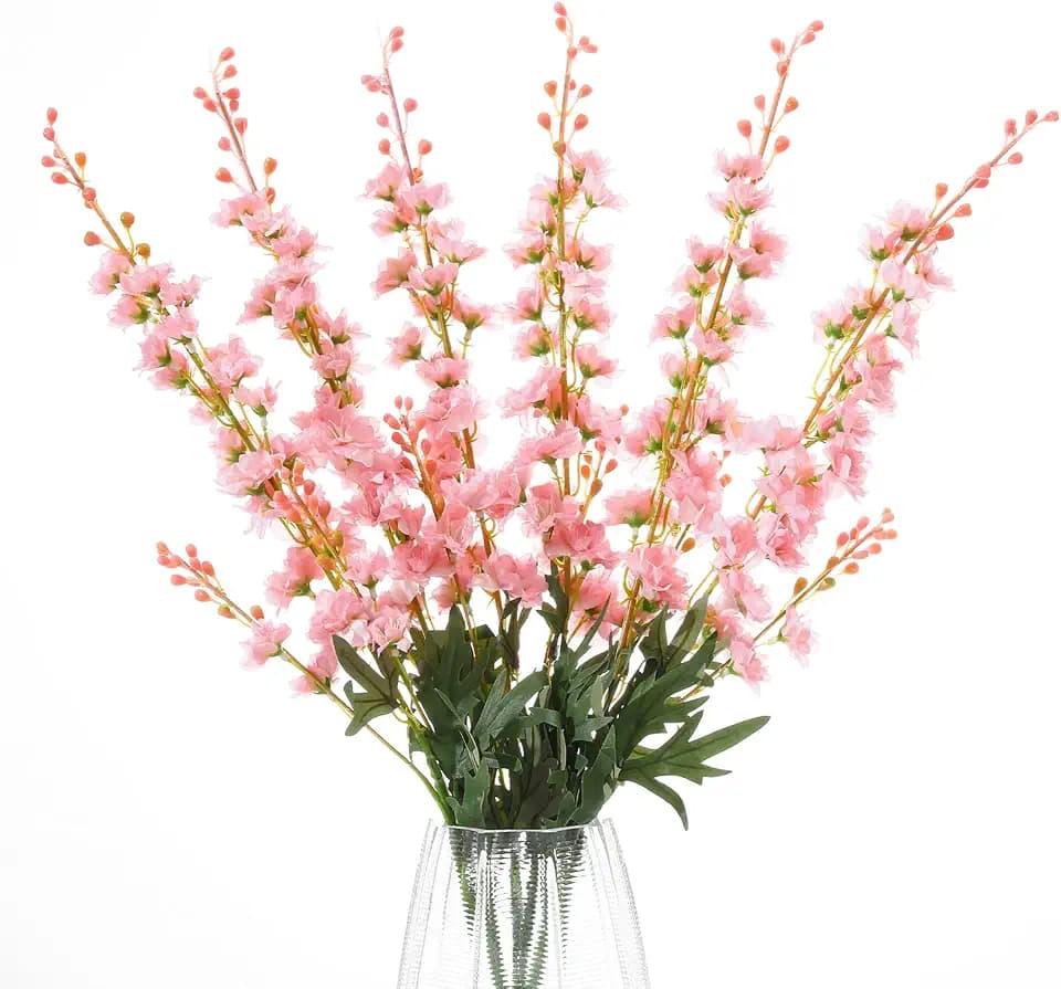 6PCS Pink Delphinium Artificial Flowers, Long Stem Faux Larkspur Silk Flowers, 33.5" Bendable Fake Flowers Bouquets for Tall Vase Table Kitchen Home Offices Garden Wedding Decor