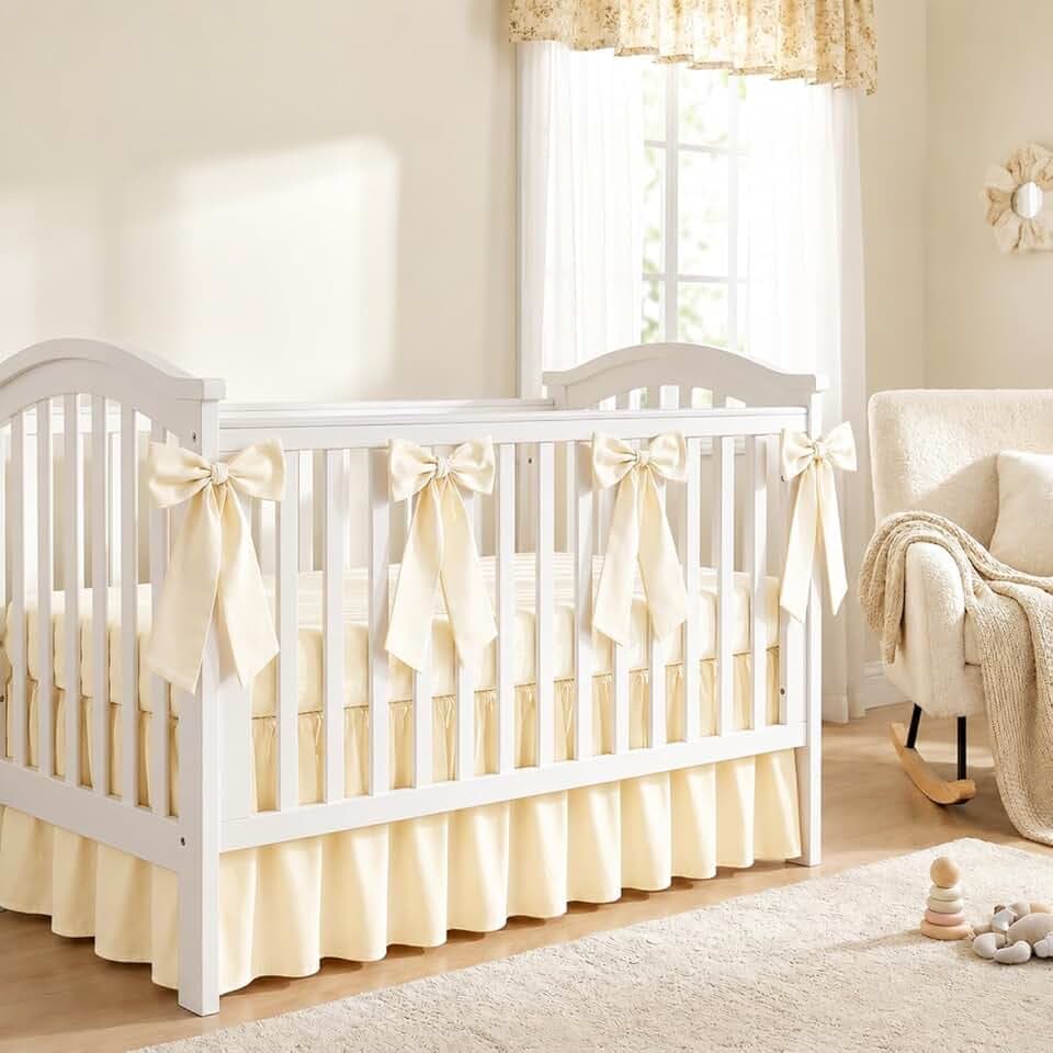 Smoothnovelty Beige Crib Bed Skirts with 4 Large Cot Bow 28" x 52",14" Drop