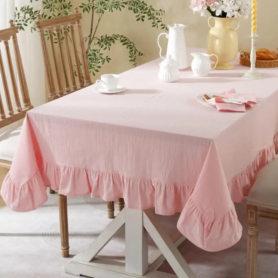 Solid Color Ruffled Tablecloth Cotton Rectangle Square Dining Table Cover