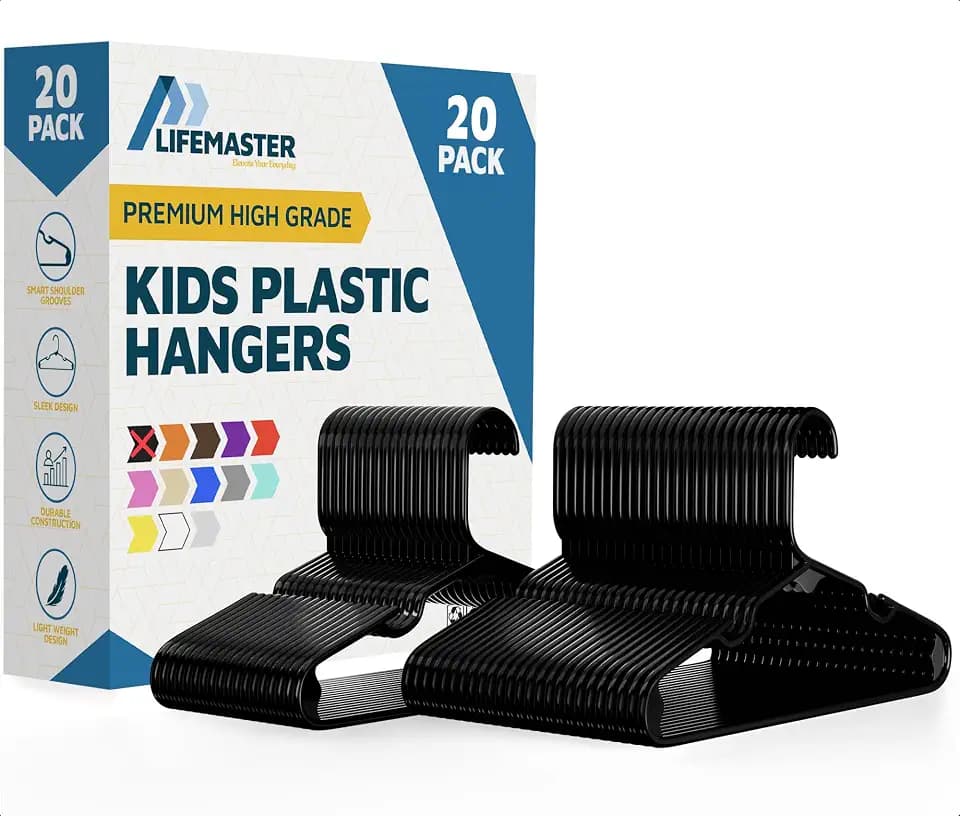 Lifemaster Plastic Kids Clothes Hanger – Children Clothes Hanger with Shoulder Notch, 11.6 Inch Space-Saving Closet Organizer for Baby, Toddler, and Kids Clothing, Hold Up to 5 lbs, Pack of 20, Black