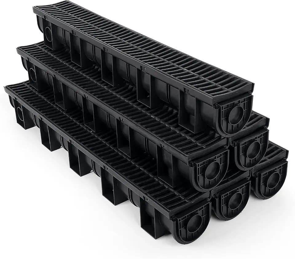 Dollate Trench Drain System, Channel Drain with Plastic Grate, 5.9x5.1-Inch HDPE Drainage Trench, Black Plastic Garage GardenDrain,Trench Drain Grate, with 6 End Caps,Convenient Assembly 6 Pack