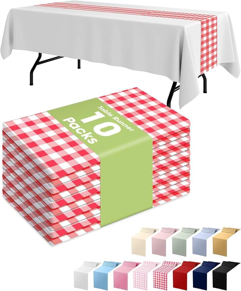 Pureegg Red Gingham Disposable Plastic Table Runner 14x108 Inch