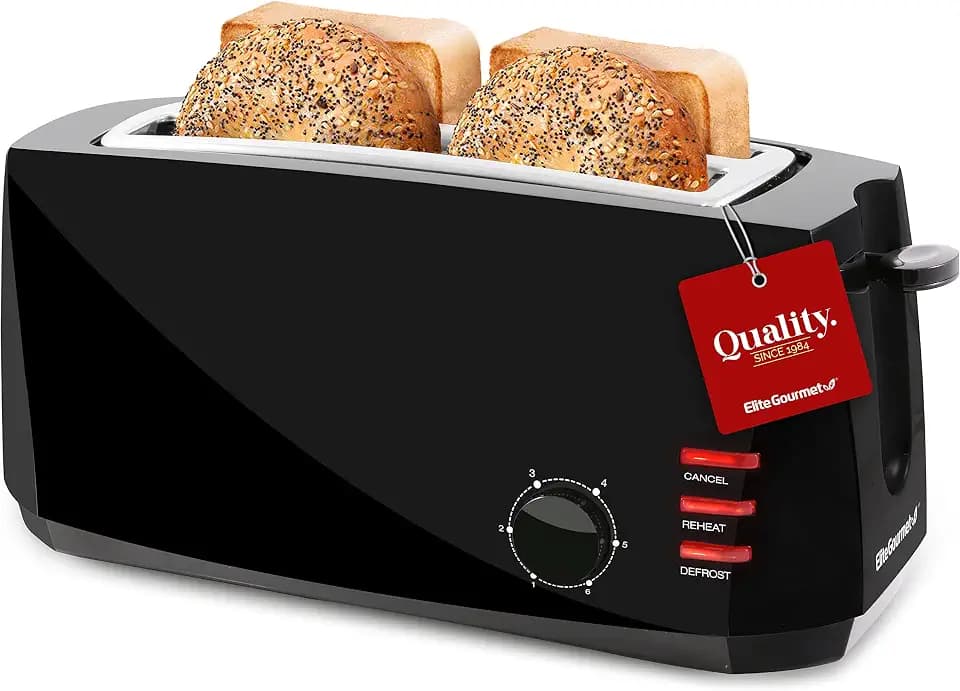 Elite Gourmet 4-Slice Long Slot Toaster, Extra-Wide Slots, 6 Toast Settings