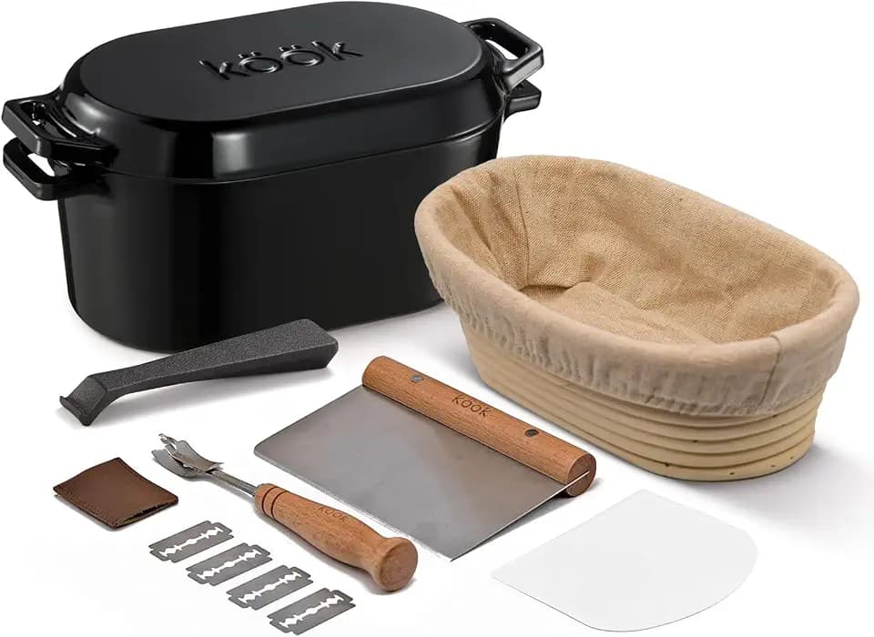 Kook Dutch Oven with Lid, Enameled Cast Iron Bread Baker, Dual Handles, 3.4 Qt, Oval, Includes Banneton Proofing Basket with Liner, Artisan Sourdough Bread Baking Set
