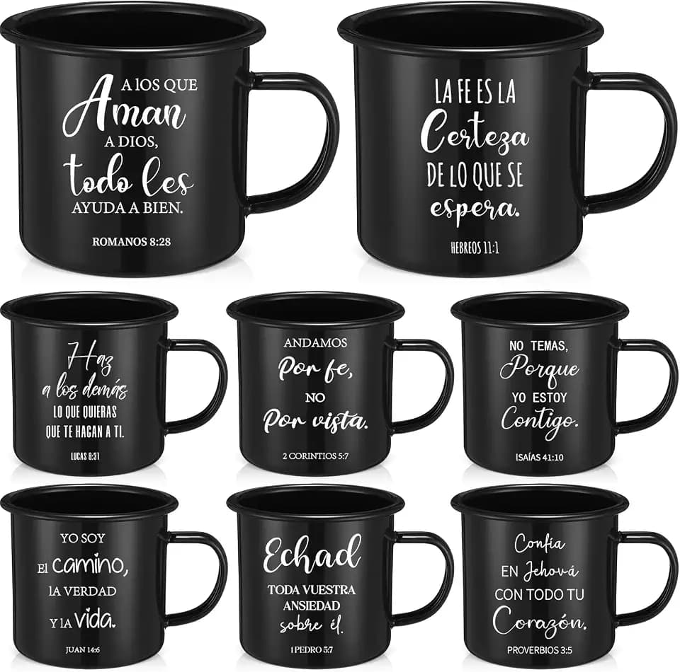 8 Pcs Christian Enamel Coffee Mugs Bulk, 16oz, Spanish, Black