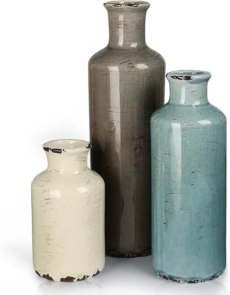CUCUMI Ceramic Vases Set of 3, Rustic Vintage Vases Coastal Home Decor