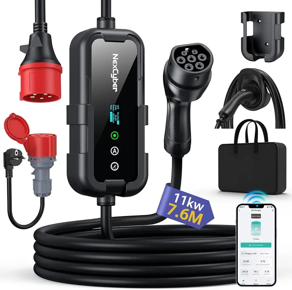 Mobile Wallbox 11kW mit App & OLED, 7,6m 3-phasig, 400V 8-16A einstellbar, IP66 Ladegerät Typ 2 mit Schuko-Adapter, Wandmontage & tragbar, für Model 3/Y, ID.3, u.a. BEV/PHEV