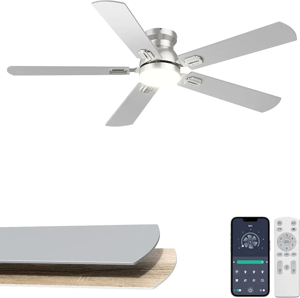 52'' Silver Flush Mount Ceiling Fan with Lights for Bedroom