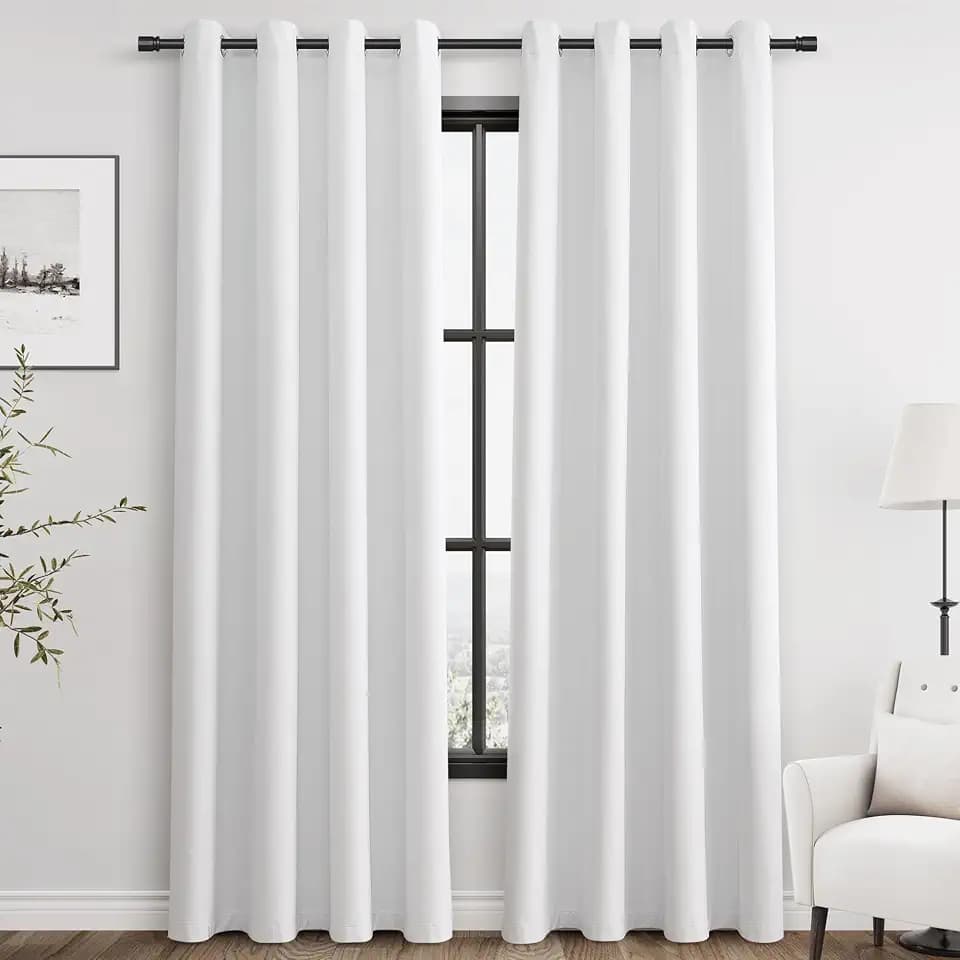 White Linen 100% Blackout Curtains 84 inches Long for Bedroom Modern Elegant White Black Out Curtain Cotton Textured Grommet Thermal Insulated Light Blocking Drapes for Living Room Patio Sliding Door