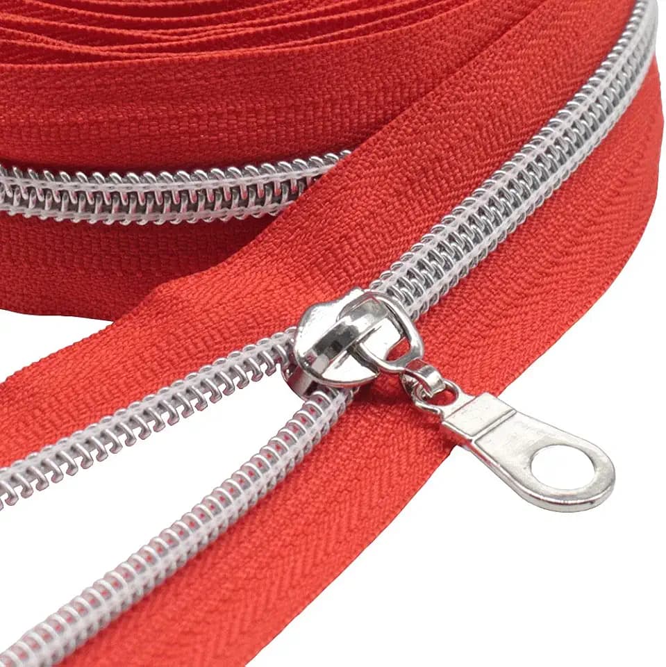 MebuZip #5 Silver Nylon Coil Zippers by The Yard Bulk 10 Yards Red