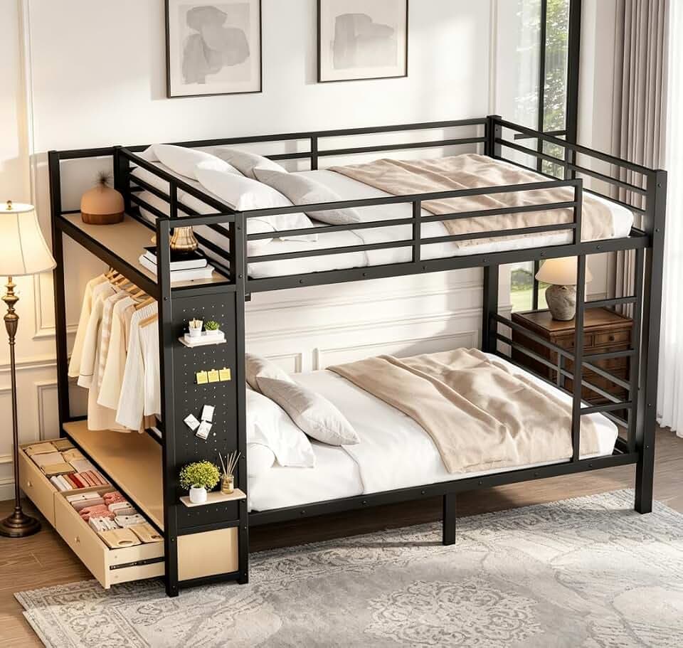 Bellemave Bunk Bed Queen Over Queen,Metal Bunk Beds with Shelf and Guardrails and Storage Drawers and Clothes Hooks for Kids, Teens & Adults(Black)
