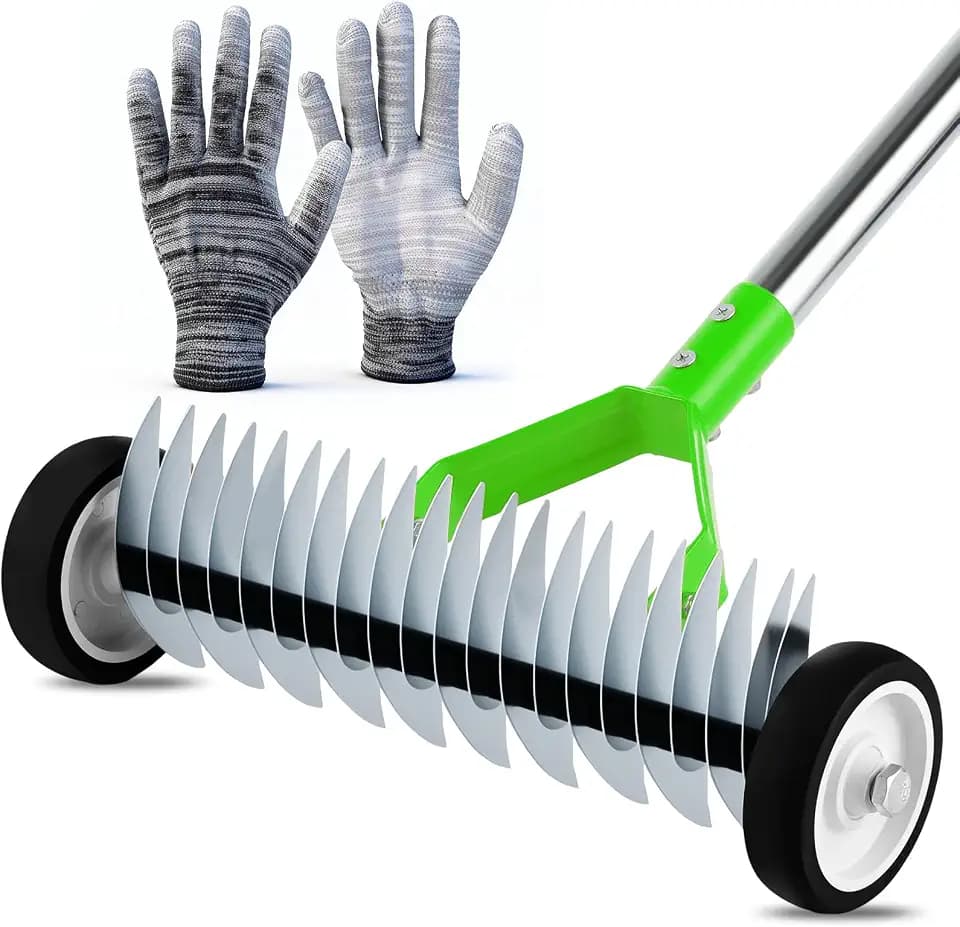 Rolling Thatch Rake for Lawns, 15.28 Inch Steel Dethatcher Rake with Wheels, Adjustable 0-15° Angle & 62.99 Inch Handle, Heavy-Duty Yard Tool for Dead Grass/Moss Removal & Lawn Care