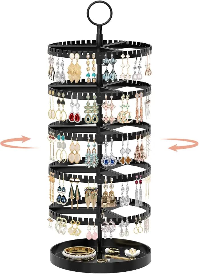 iDavosic.ly 5 Tier Rotating Earring Holder Organizer, Metal Tray, Black