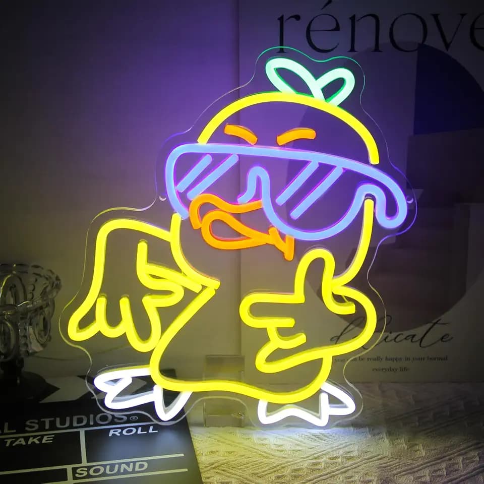 Duck with Glasses Neon Sign I Love You Gesture LED Light for Bedroom Decor