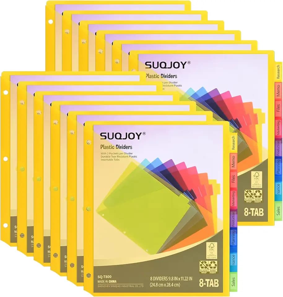 8-Tab Dividers for 3 Ring Binder, 96 Count Binder Dividers with Pockets, Subject Dividers, 3-Hole Plastics Sheets Protectors for US Letter Size in 0.5", 1",2" Binders, Vibrant 8 Color, 12 Packs