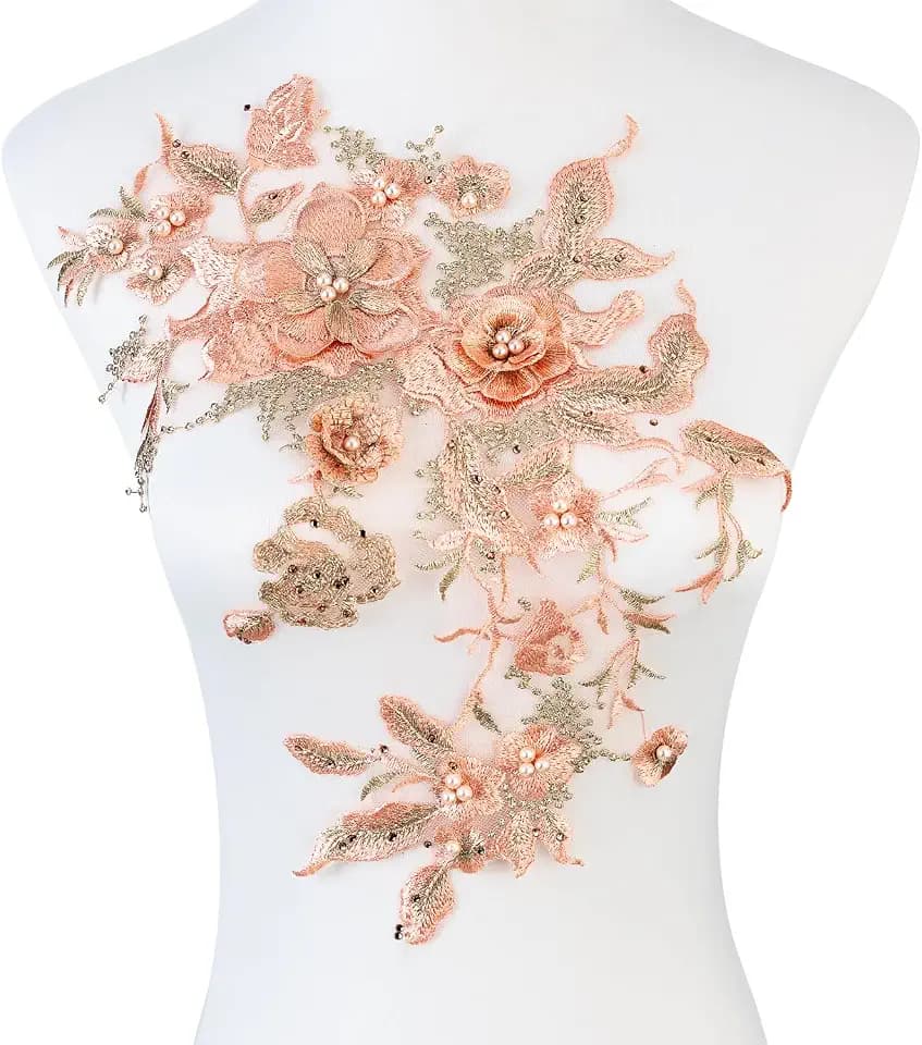 Silvora Colorful Flower Fabric Beaded Lace Applique,3D Embroidered Flower Fabric Patch for Bridal Dress, Handmade Sewing Tool for Wedding DIY Crafts(Orange)