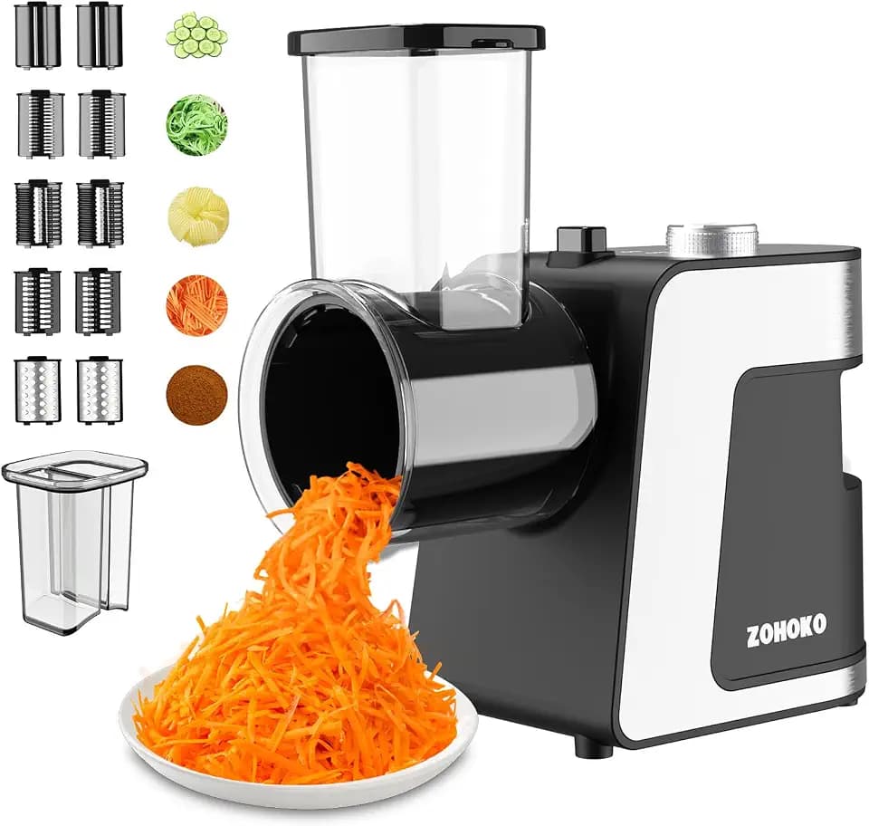 Electric Cheese Grater 5-in-1, 250W Professional Automatic Shredder with 5 Different Shapes of Blades, Kitchen Electric Slicer for Cheese, Vegetables, and Fruits