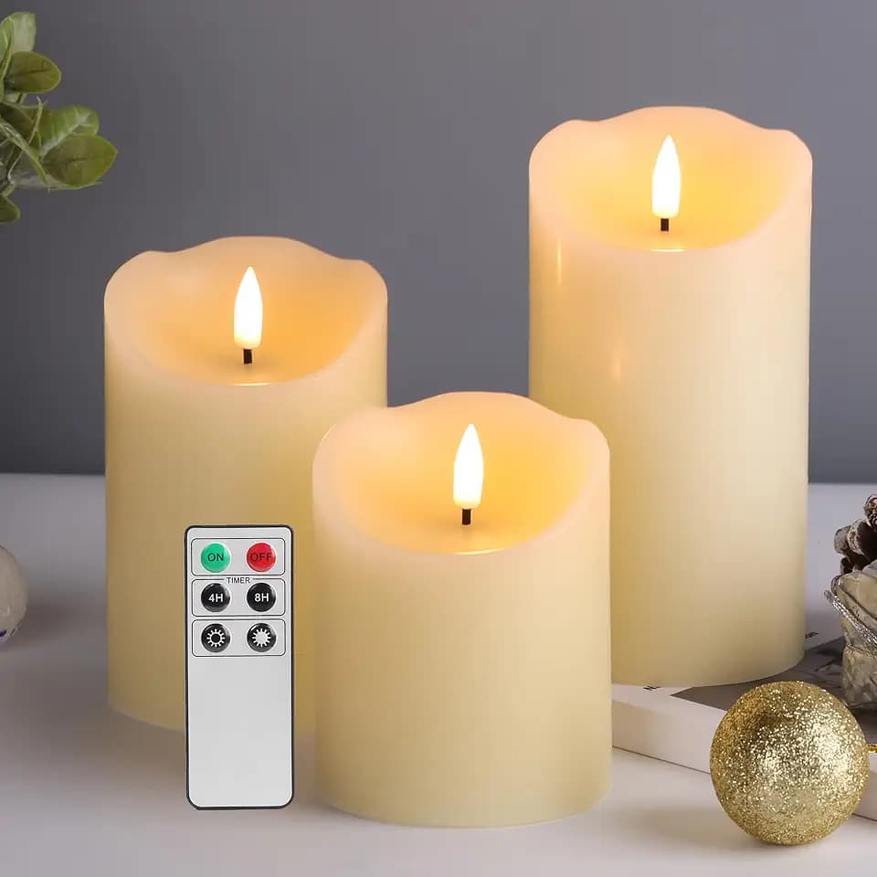 Eywamage Ivory Flickering Flameless Pillar Candles with Remote Set of 3