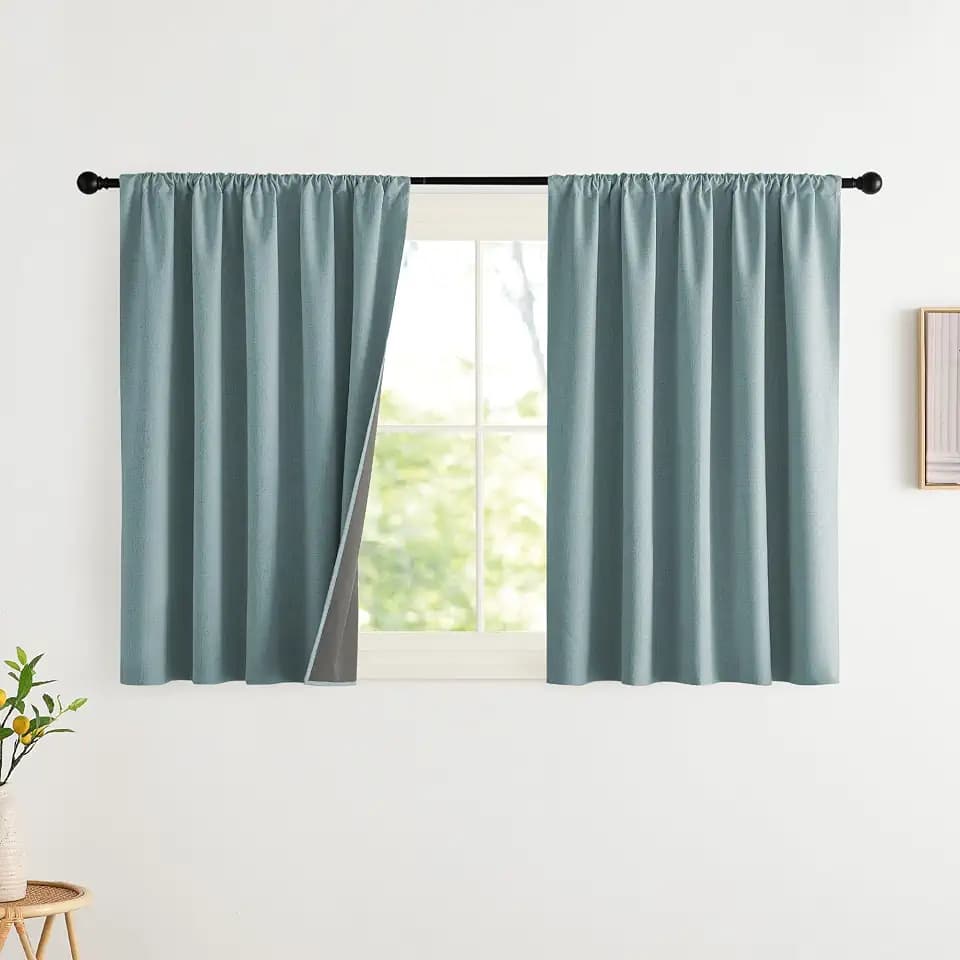 NICETOWN 2 Panels Skylark Blue Flax Linen Blend 100% Blackout Curtains, 42 x 36 Inch, Thermal Insulated Room Darkening Curtain for Bedroom Modern Noise Reducing Window Treatment Drapes