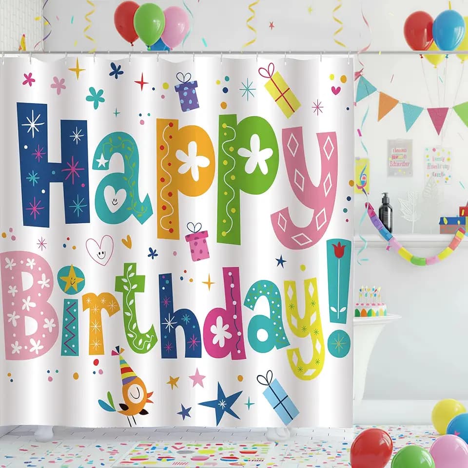 Happy Birthday Shower Curtain Kids Birthday Party Rainbow Shower Curtains for Bathroom Waterproof Polyester Fabric Bathroom Curtain 72 x 72 Inch with 12 Plastic Hooks