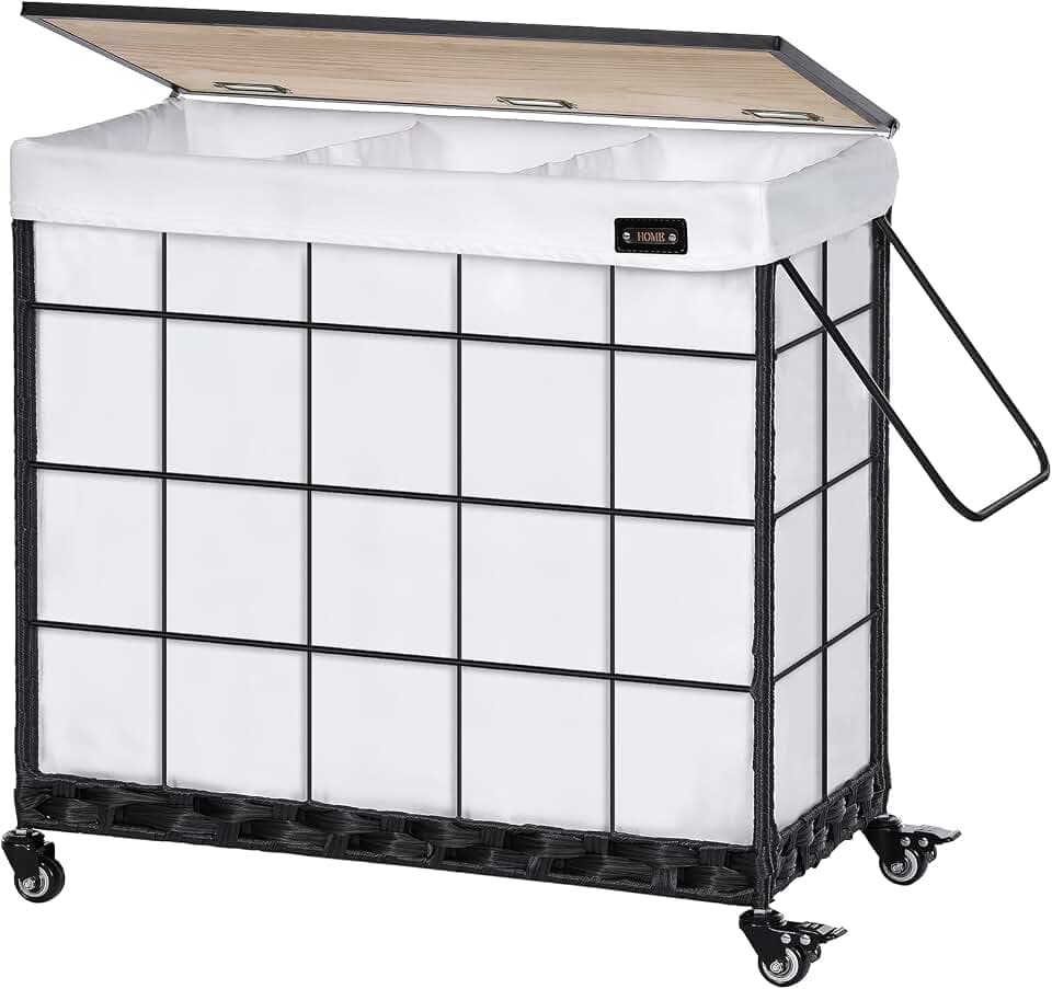 132L Laundry Hamper with Lid, 3-Section Laundry Basket with Rolling Wheels
