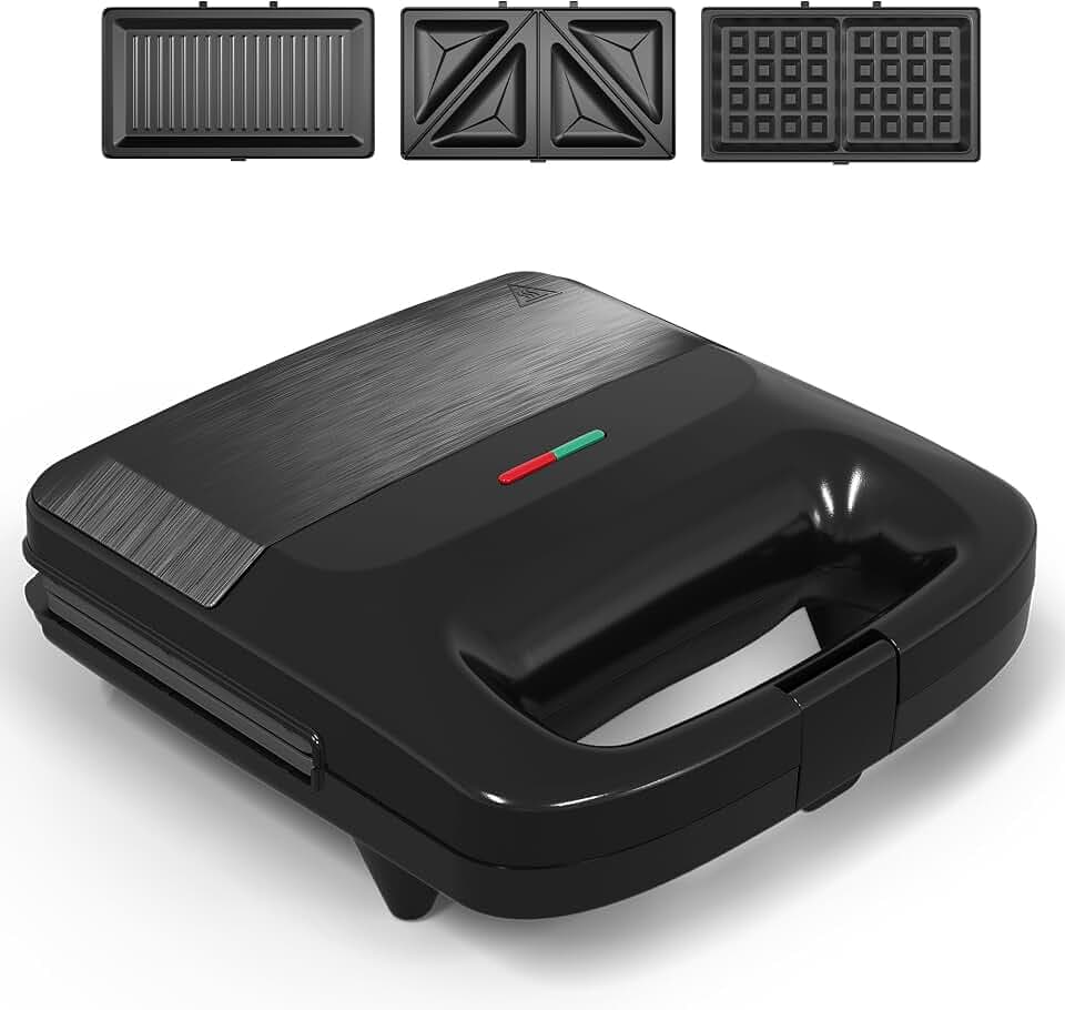 3 in 1 Waffle, Grill & Sandwich Maker, Sandwich Maker Panini Press Waffle Iron Set with Removable Non-Stick Plates & Indicator Lights, Panini Press Grill for Breakfast, 800W, Black