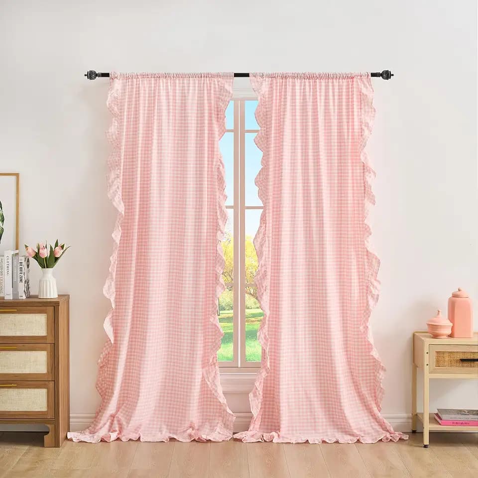 Blush White Plaid Gingham Ruffle Curtains 2 Panels W52”xH84