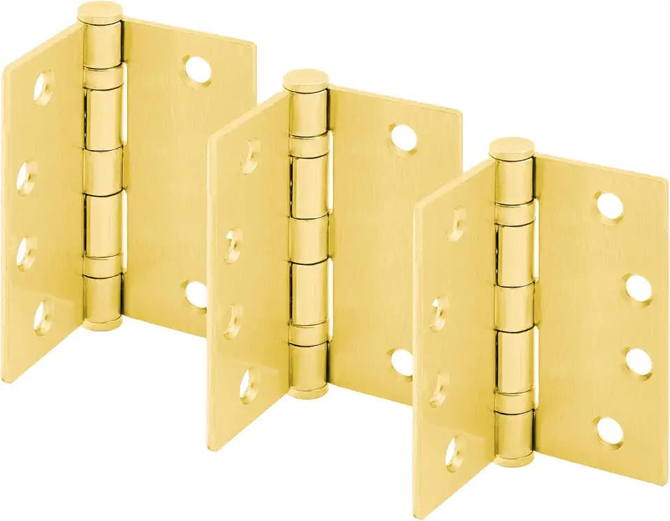 Prime-Line U 1156463 Door Hinge Commercial Smooth Pivot 2 Ball Bearing, 4-1/2 In. x 4-1/2 In. with Square Corners, 4 Holes per Leaf with Screws, Satin Brass Finish, .134 In. Gauge (3 Pack)
