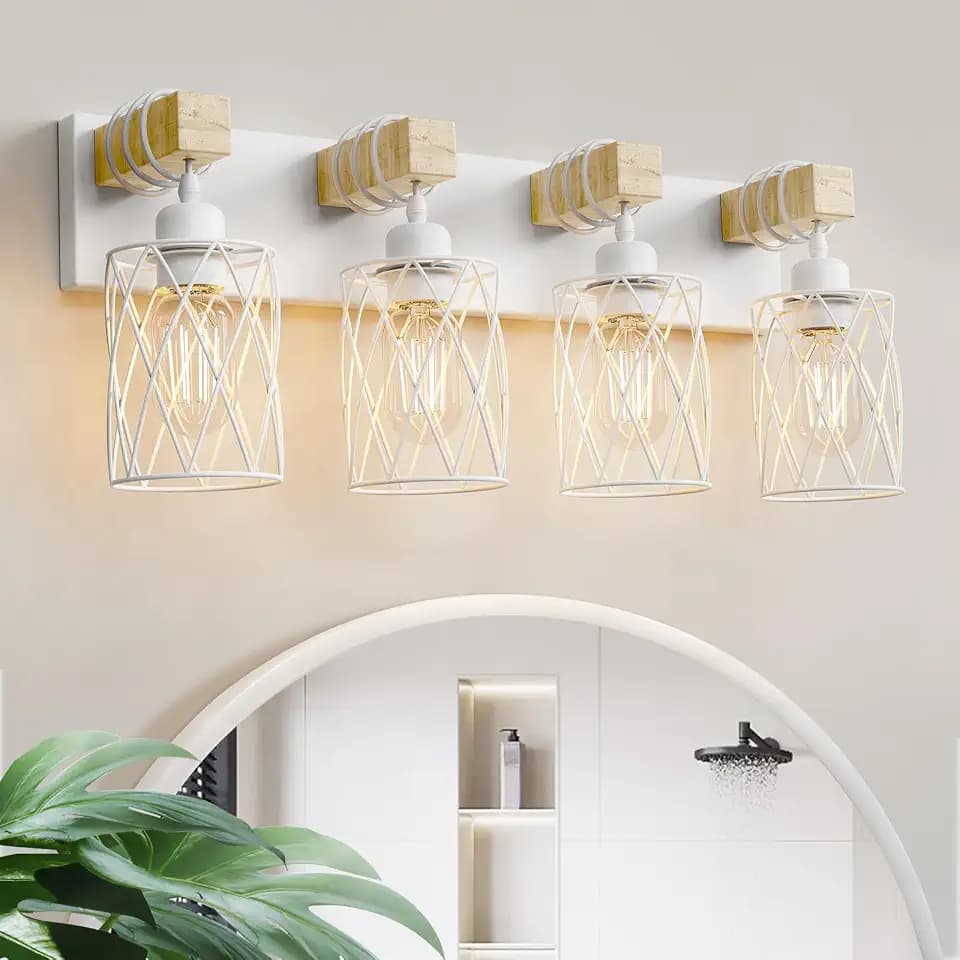 IZORRO Farmhouse Bathroom Vanity Light, 4-Light Wood Bathroom Light Fixtures Over Mirror, Matte White Industrial Vanity Lights with Metal Shade, Rustic Restroom Lighting Fixtures