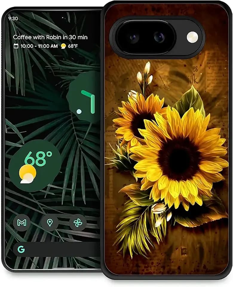 Compatible with Google Pixel 10a Case,Exquisite Pattern Hard PC Back Soft TPU Anti-Slip Anti-Shock Protective Shell Case for Google Pixel 10a-Vintage Sunflower