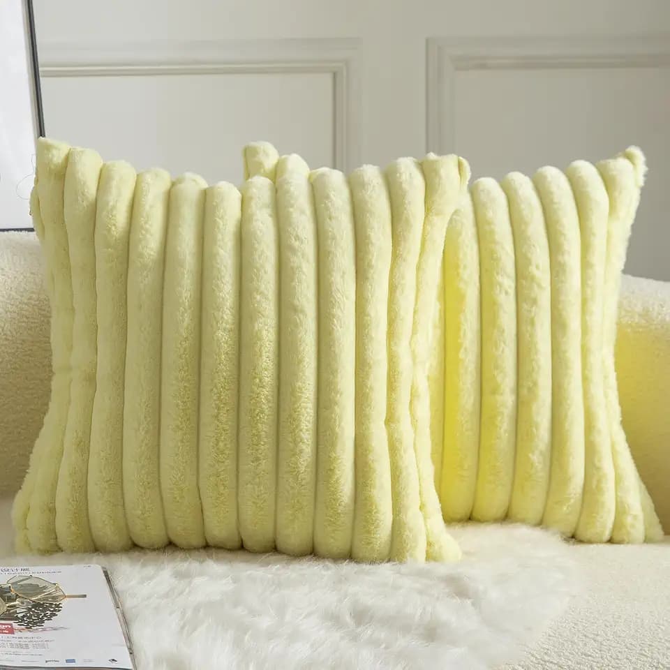 MANDIOO Pack of 2 Decorative Throw Pillow Covers Faux Fur Striped Plush Soft Cushion Covers Pillow Cases Bedroom Living Room Sofa Home 18x18 Inch Yellow