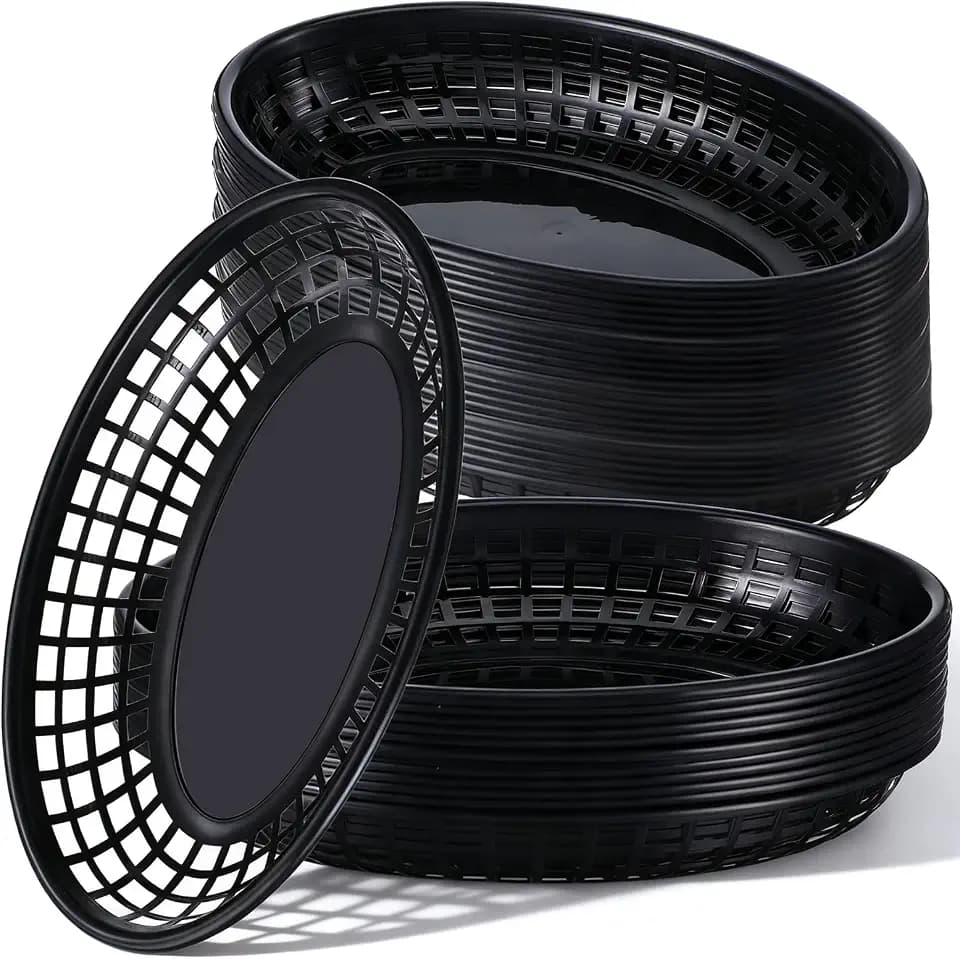 100 Pack Black Oval Fast Food Baskets, 8.85 x 5.5 Inch Reusable Plastic Serving Baskets for Burgers, Fries, Hot Dogs | Restaurant Supplies & Food Truck Serving Trays