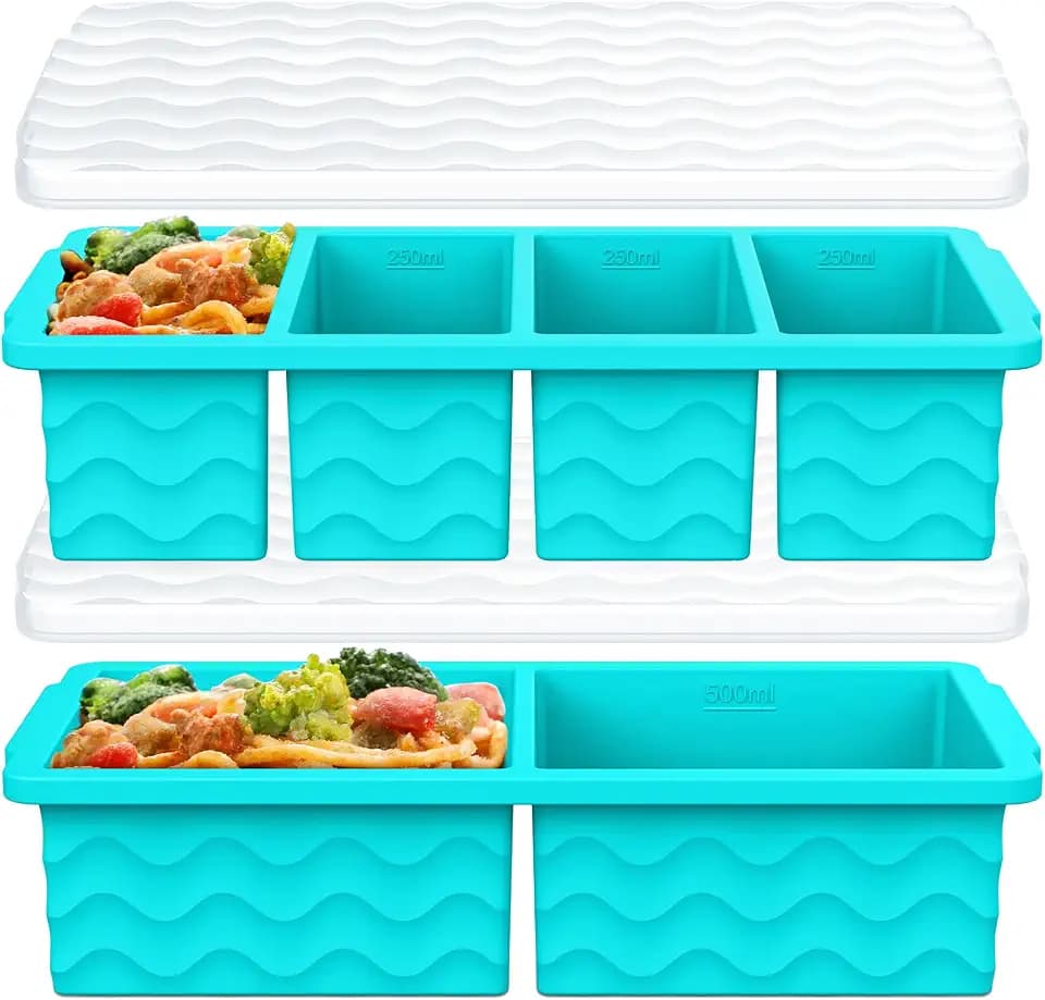 Silicone Freezer Trays with Lid for Soup, 1-Cup & 2-Cup Large Ice Cube Molds Food Storage Containers for Meal Prep, Freeze 500mL/250mL/125mL Portions – 2 Pack