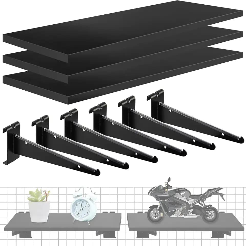 3 Pcs 16"x 8" Wooden Gridwall Shelf with Metal Brackets