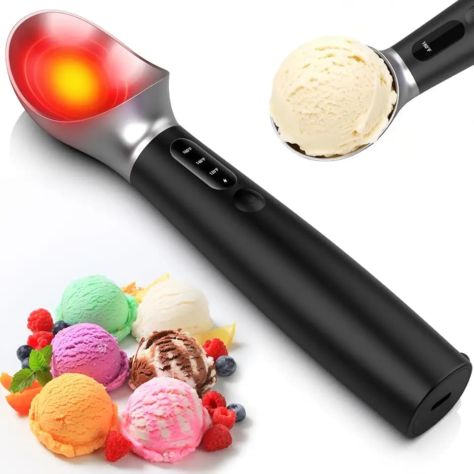 Heated Ice Cream Scoop Rechargeable, Electric Ice Cream Scooper with 3-Temp Settings, LED Display & IPX7 Waterproof, Ergonomic Silicone Handle, House Warming Gifts for Women Men Friend (Black)