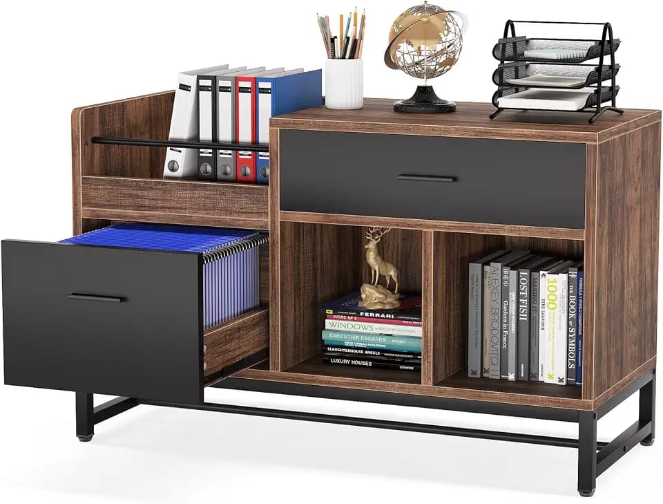 LITTLE TREE 39-Inch File Cabinet with 2 Drawers, Small Lateral Filing Cabinet Under Desk Storage, Wood Printer Stand with Open Storage Shelves for Home Office Organization