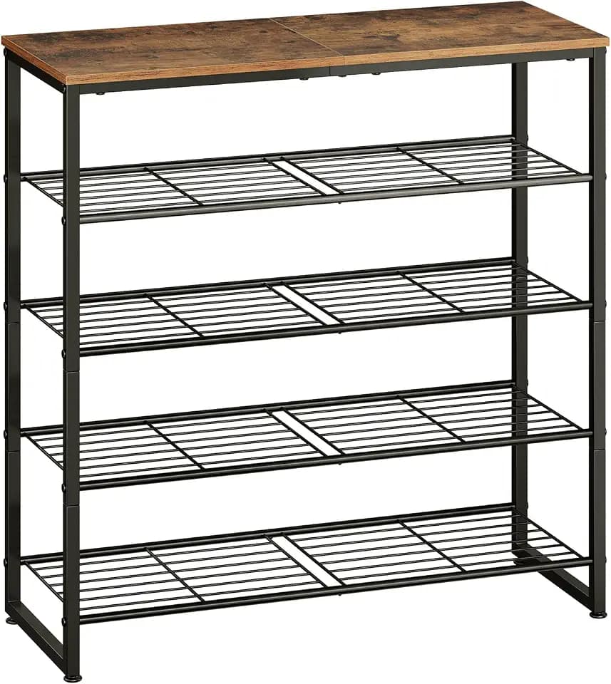 HOOBRO Shoe Rack, 5-Tier Narrow Shoe Organizer for Entryway, Holds 16-20 Pairs of Shoes, Metal Shoe Shelf with Removable Tier, Adjustable Feet, for Closet and Hallway, Rustic Brown and Black BF59XJ01