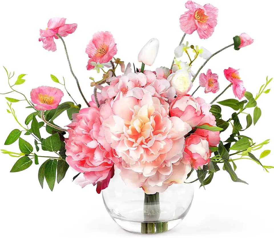 Peonies Artificial Flowers in Vase, Pink Artificial Flowers with Faux Water, Silk Peonies Flowers Arrangements Indoor Realistic Fake Flowers for Table, Wedding, Party, Home Decor