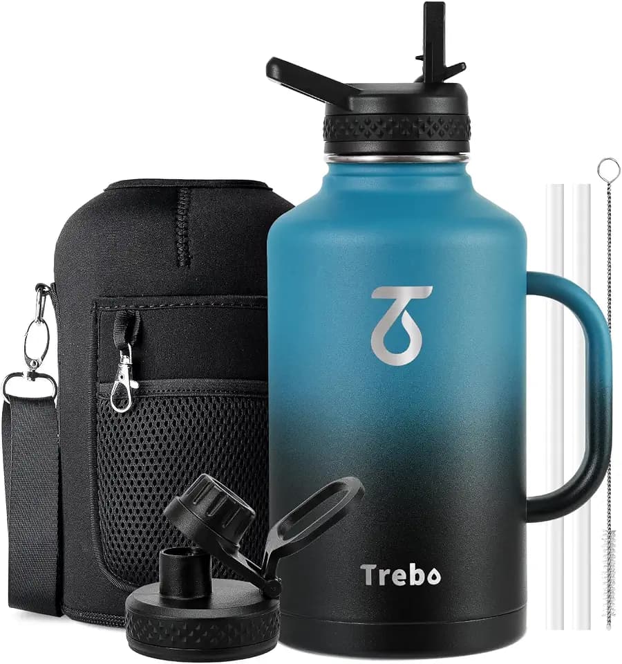 Trebo 64 oz Insulated Water Bottle with Side Handle and Straw Spout Lids