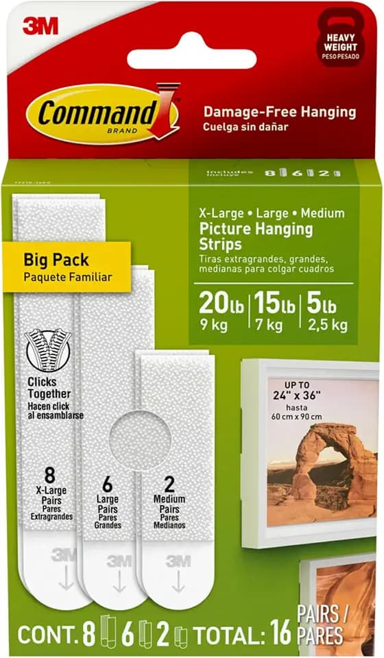 Command 20, 15 & 5 lb Assorted Picture Hanging Strips, 16 Pairs (32 Strips)