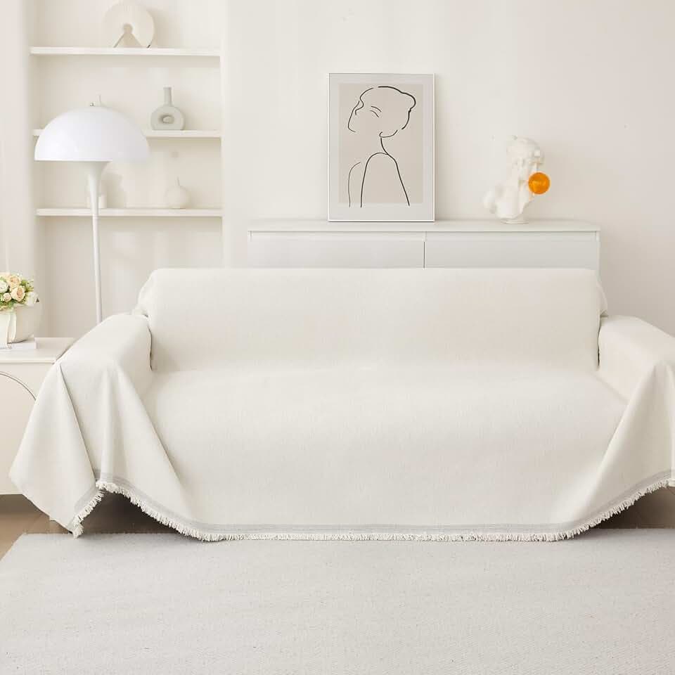 Chenille Couch Cover Blankets,Pet Couch Covers for Sofa Waterproof,Washable Sofa Covers for 3 4 Cushion Couch L Shape Sectional, Couch Covers for Sofa Slipcovers,Cream White,91"X134"