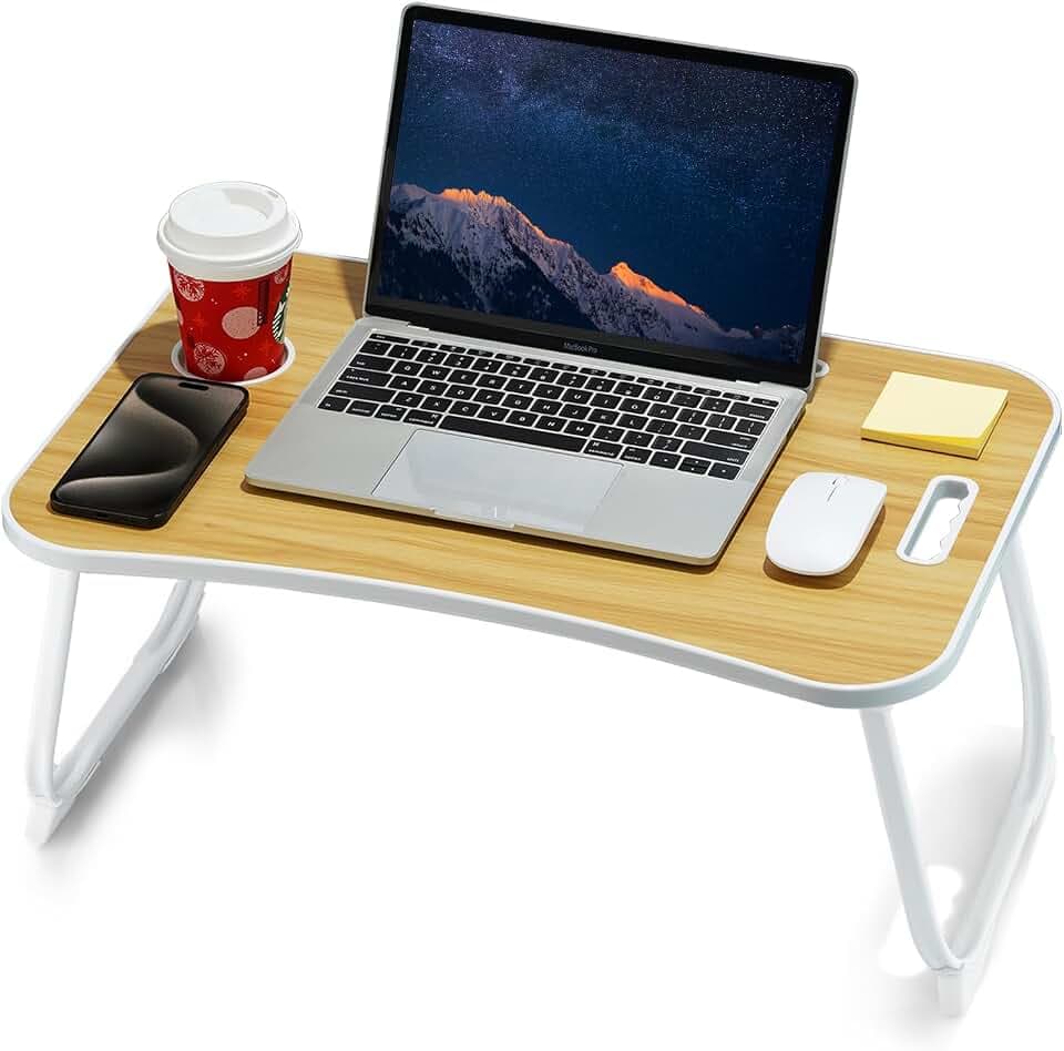 ZEAPTAC Laptop Bed Desk, Foldable Lap Desk, Portable Lap Table, Laptop Stand with Cup Holder, Tablet Slot & Lifting Handle for Work, Write, Draw & Eat on Bed, Sofa or Couch - Wood