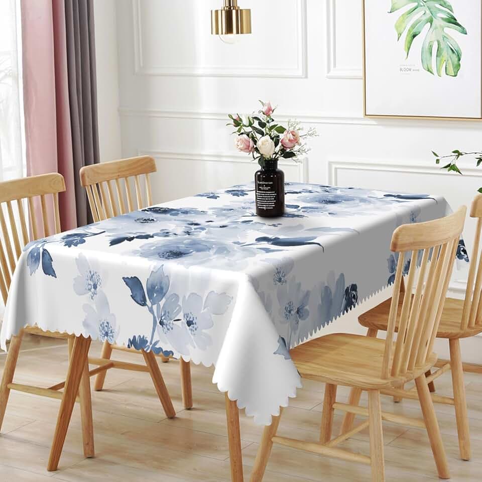 52x70inches Watercolor Blue Floral Tablecloth Navy and White Flowers Printed Modern Minimalist Art Rectangle Table Cloth Waterproof Fabric Table Cover for Kitchen Dining Room Party Decors