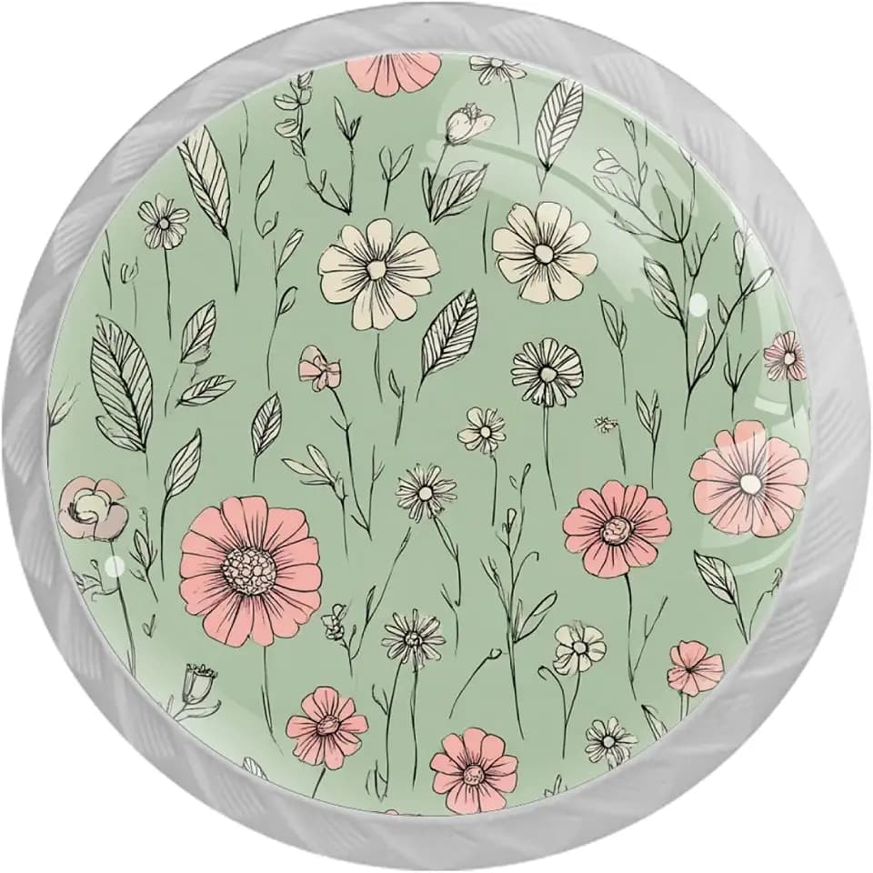 4 Pack Cabinet knobs, Vintage Pink Flowers and Leaves Sage Green Background Drawer Pulls Dresser Knobs, Kitchen Closet Hardware, Crystal Glass Door Handles Knobs for Cupboard