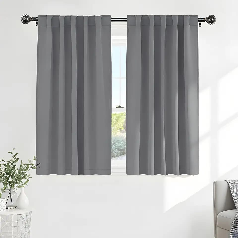 PONY DANCE Black Out Curtains 48 inch Long for Short Small Window, Rod Pocket and Back Tab Thermal Insulated Room Darkening Curtains for Kitchen/Cabinet/Basement(2 Panels, W42 x L48 inch, Silver Grey)