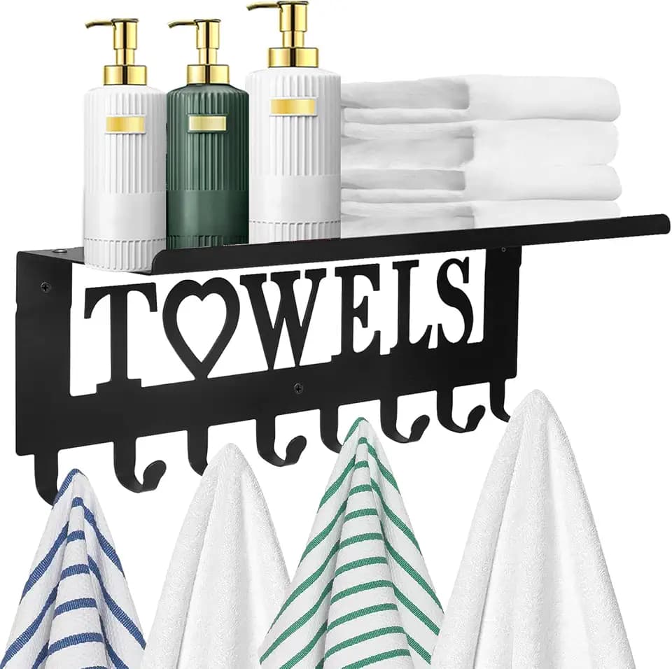 IBosins Towel Rack with Metal Shelf Bathroom Towel Holder 8 Hooks Black