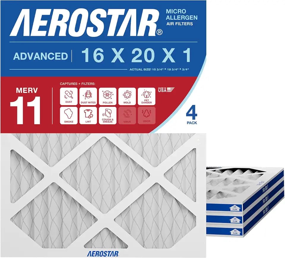 Aerostar 16x20x1 MERV 11-4 Count - Pleated HVAC, Furnace & Air Conditioner Filters - Removes Dust, Cold & Flu Germs, Lint, Mold, Pet Dander, Allergy-Causing Pollen, Smog & Smoke