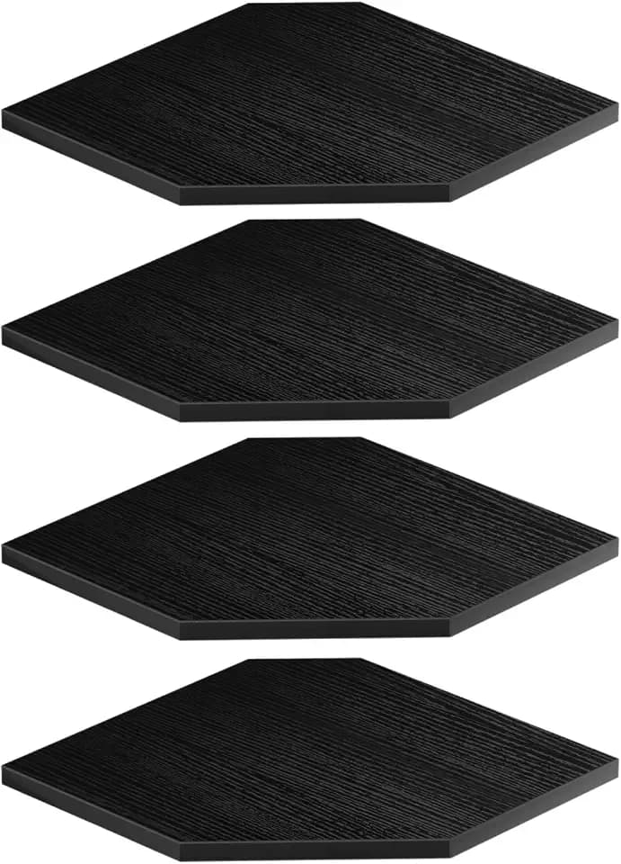 JJL Corner Shelves, 12 Inch Corner Shelf Wall Mounted with Wire Hole, 4 Tier 13.3 Inch Deep Wooden Corner Hanging Shelving for Wall Storage, for Speaker, Cable Box, Black